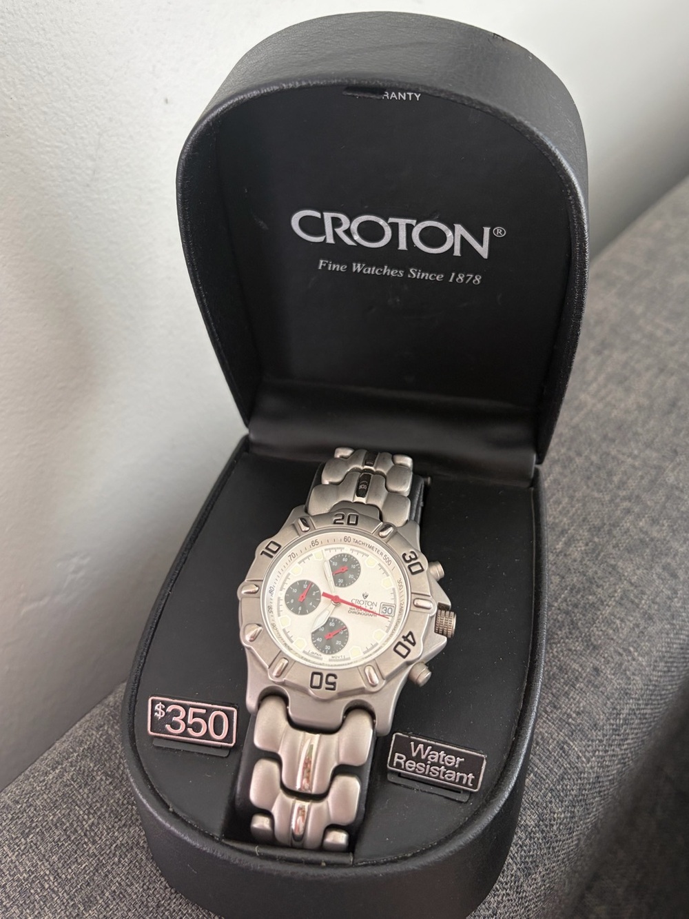 Croton Silver Tone Stainless Steel Chronograph Watch with Red Accents